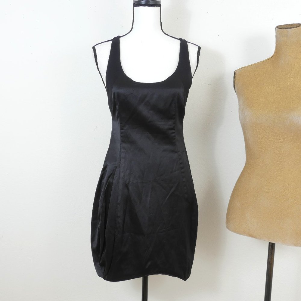 Helmut Lang Black Satin Classic Racer Back Zipper Size 2 Vintage Sexy LBD Dress